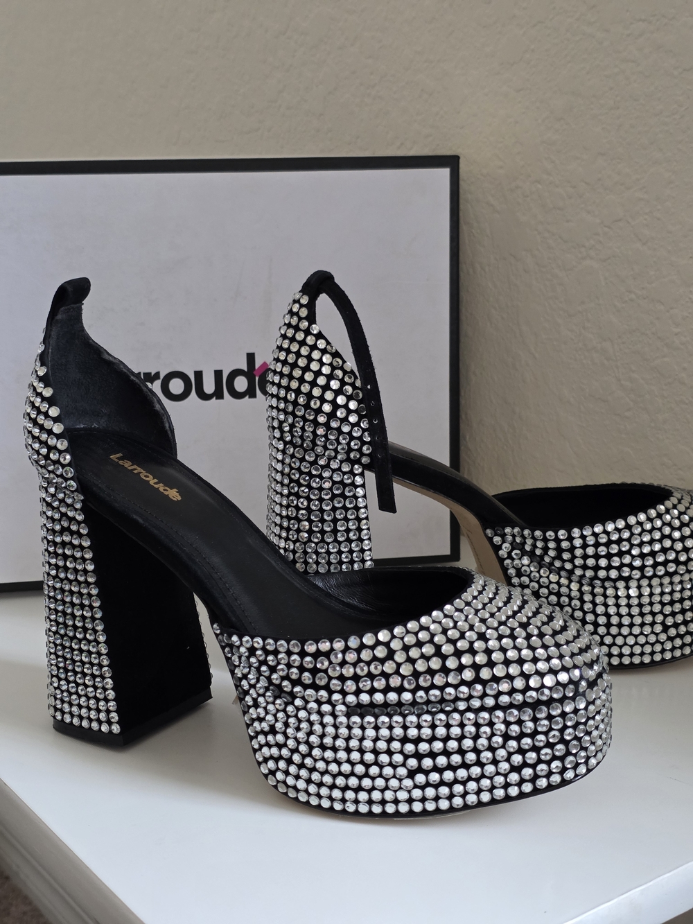 LARROUDE Women's Ari Crystal Pump Black Platform Block Heel Leather Size 8.5